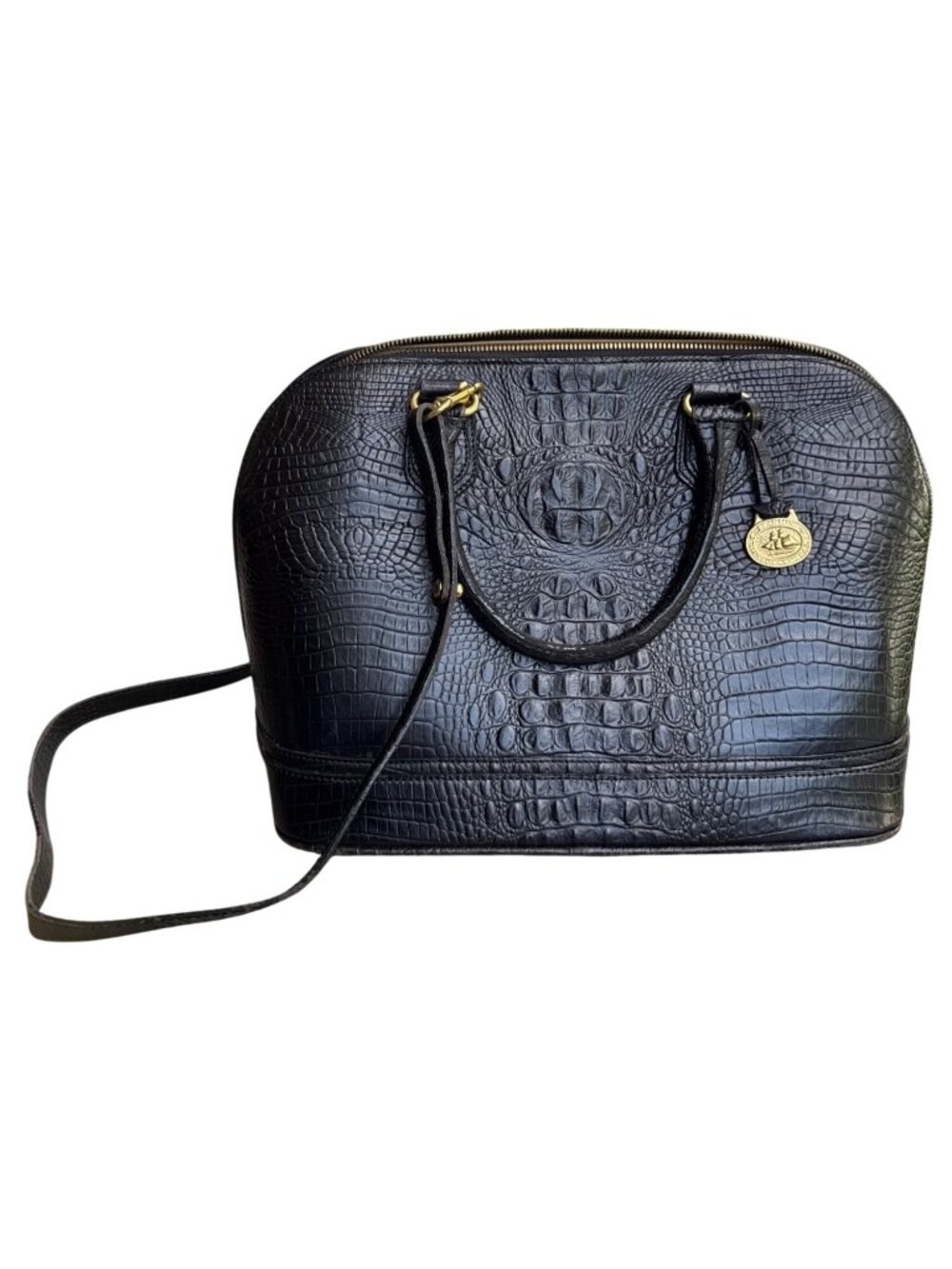 VTG Brahmin Medium Black Leather Satchel Handbag Purse Gold Tone Hardware